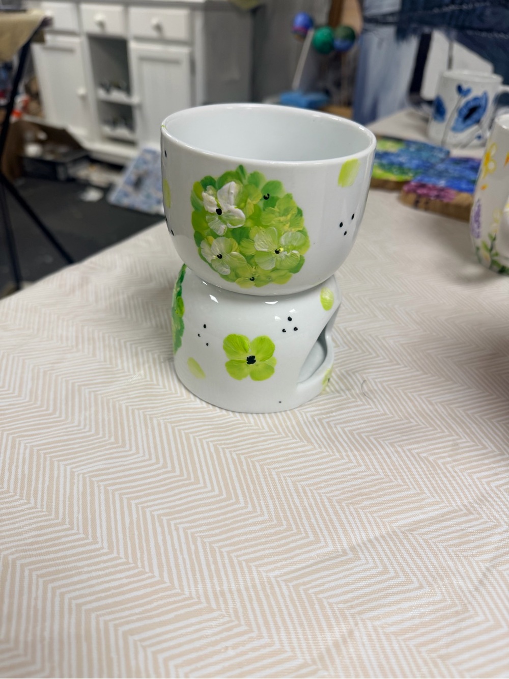 Hand-Painted by ME!  Ceramic Oil Burner with Green Floral Motif